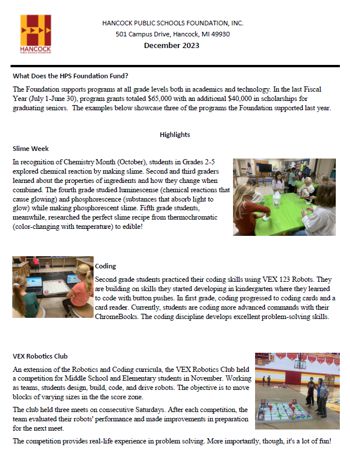 Hancock Public Schools Foundation Newsletter Graphic Preview